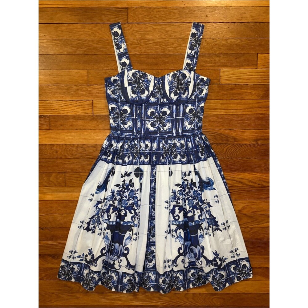Dolce & Gabbana Bustier Midi Dress in Majolica-Print Poplin - IT 44 - US 8